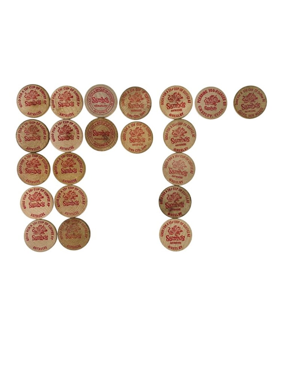 Vintage Sambos Restaurant Coffee Tokens Wooden Nickels Lot of 21